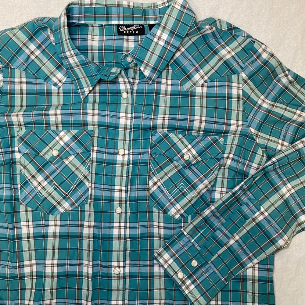 Wrangler Retro Womens XL Teal Plaid Pearl Snap Western Shirt Long Sleeve Cotton
